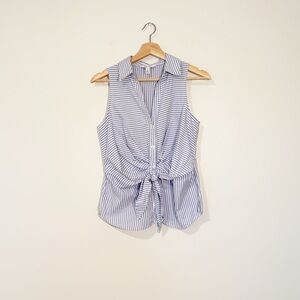 Nine West Sleeveless Tie Front Blue & White Striped Top